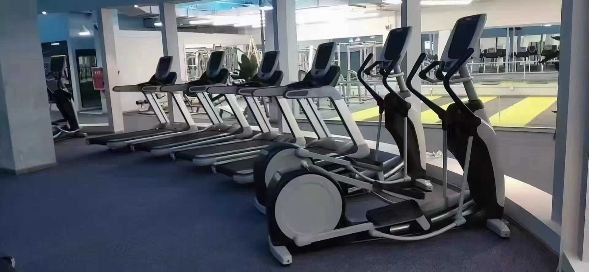 Commercial gym cardio zone with ellipticals and treadmills