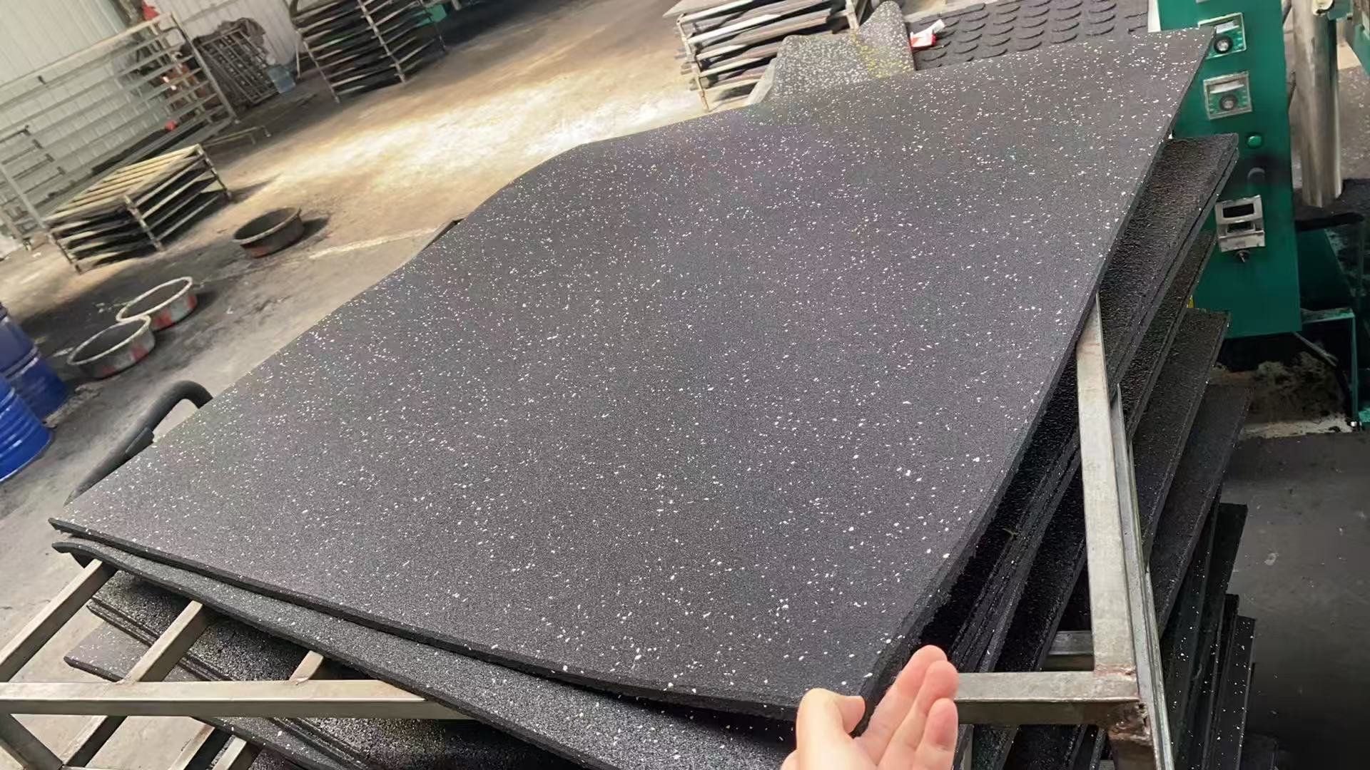 Rubber flooring sheets in production